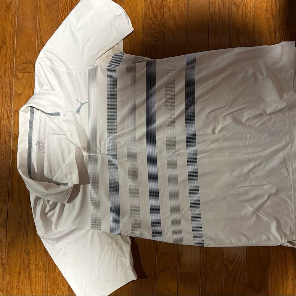 Puma Men's White and Gray Striped golf athletic Shirt S small